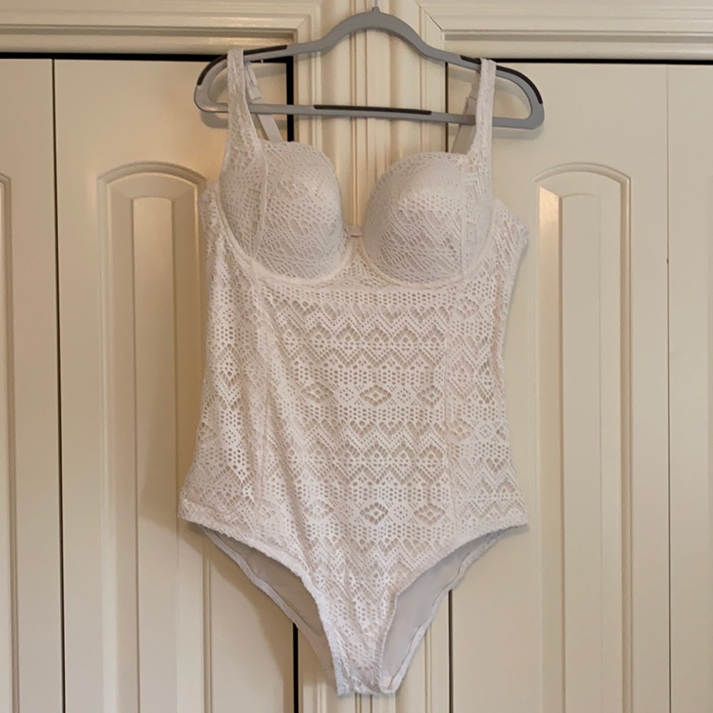 White Faux Crochet One Piece Swimsuit